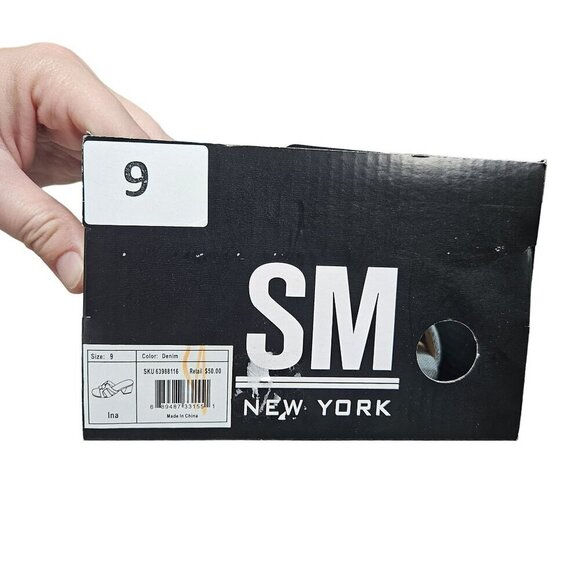 SM New York NWB Ina Denim Block Heel Sandals Open Toe Slip-On‎ Neutral Shoes - Picture 11 of 14